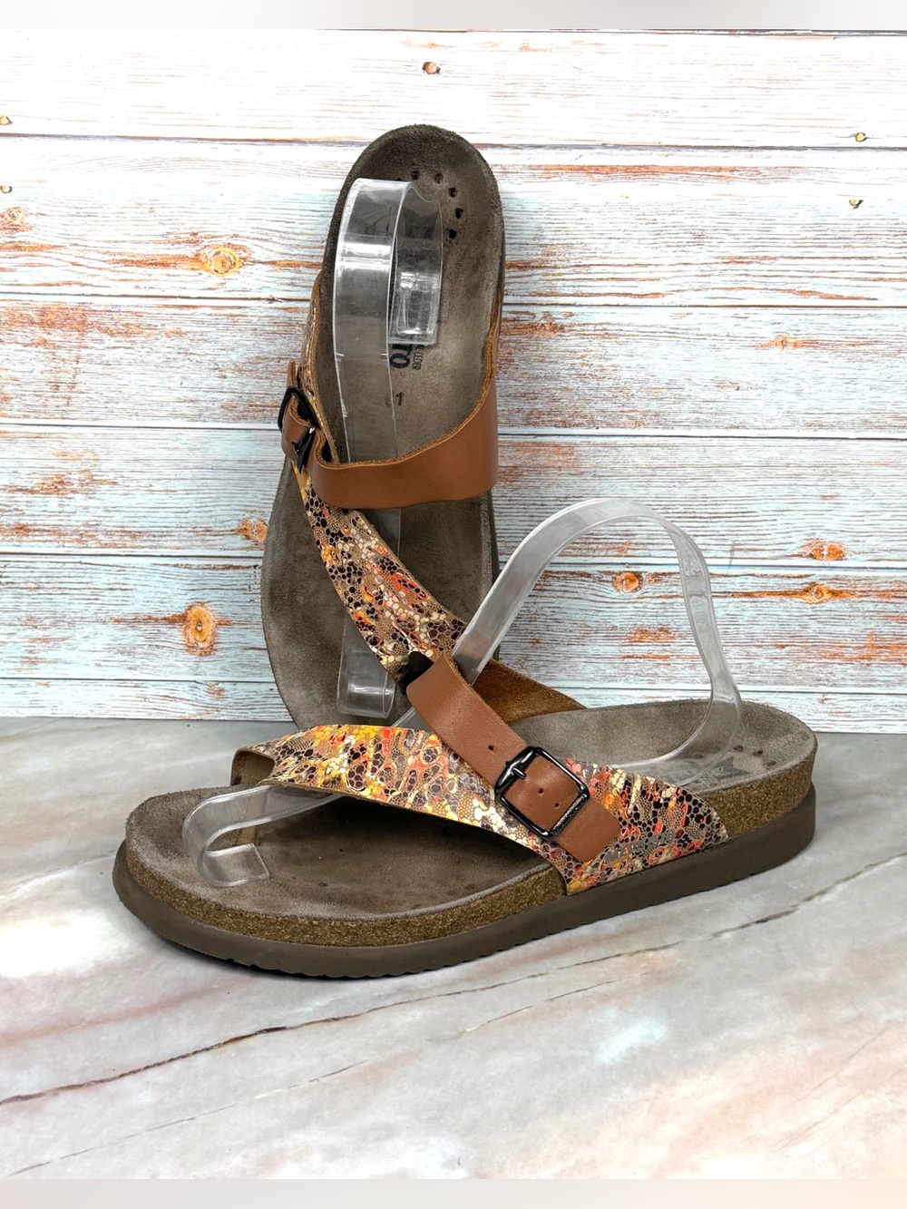 Mephisto Helen Mix Thong Sandals Multi-Colored Animal Print/Brown Leather Cork